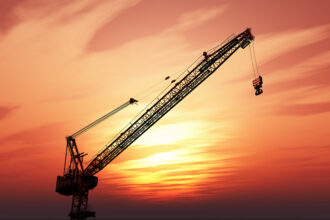 3D render of a crane against a sunset sky